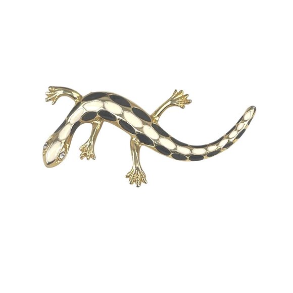 Gold-Tone Enamel Gecko Lizard Brooch Pin With Crystal Eyes - Picture 5 of 8